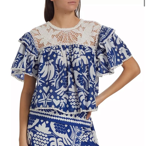 FARM RIO Navy Blue Jungle Scarf Lace Ruffle Sleeve Blouse - Picture 5 of 16